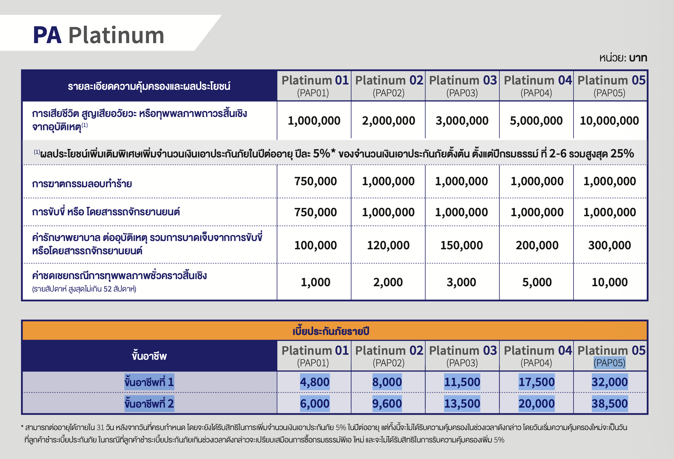 ตารางความคุ้มครองและเบี้ยประกัน PA Platinum